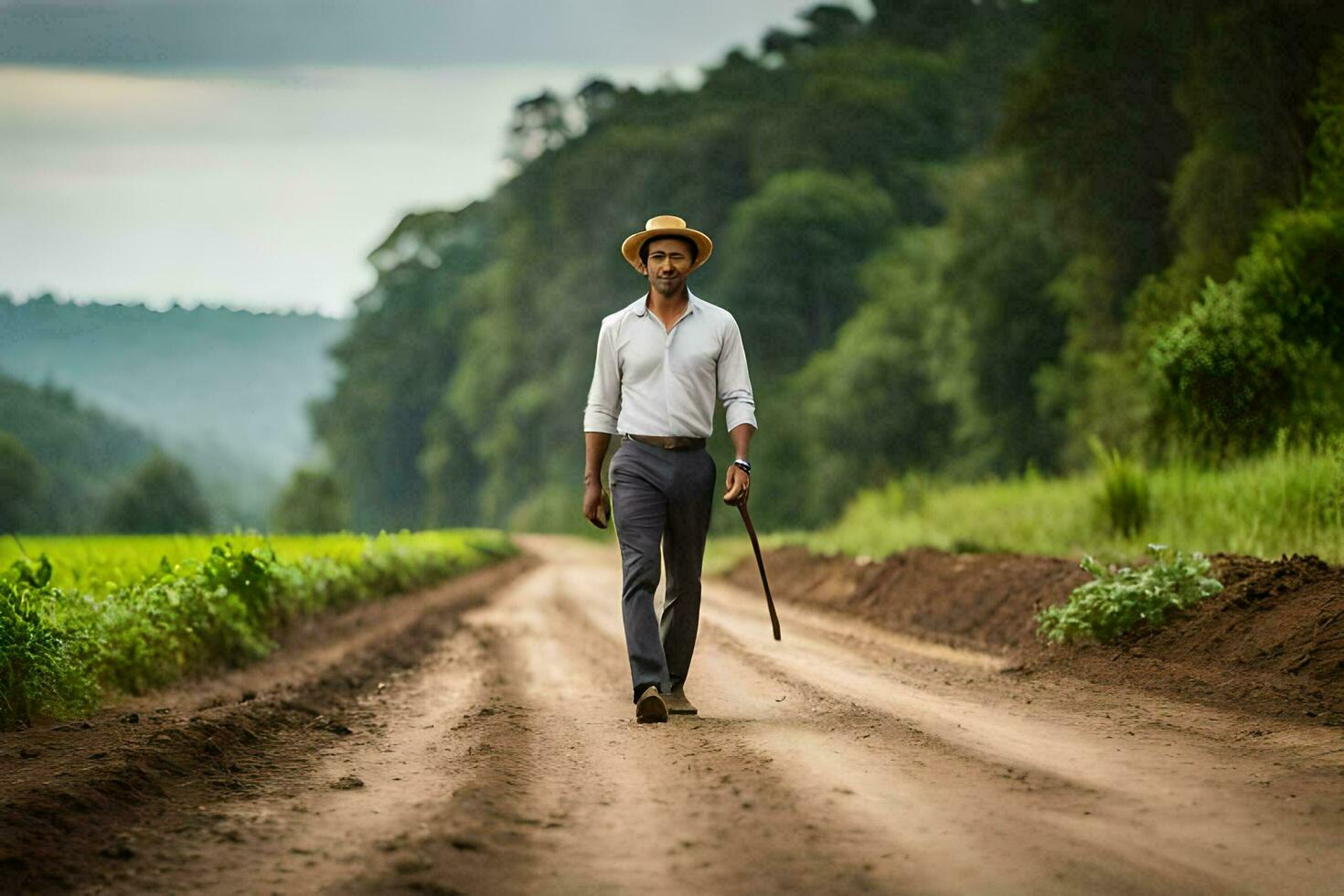 a man in a hat and white shirt walking down a dirt road. AI-Generated photo