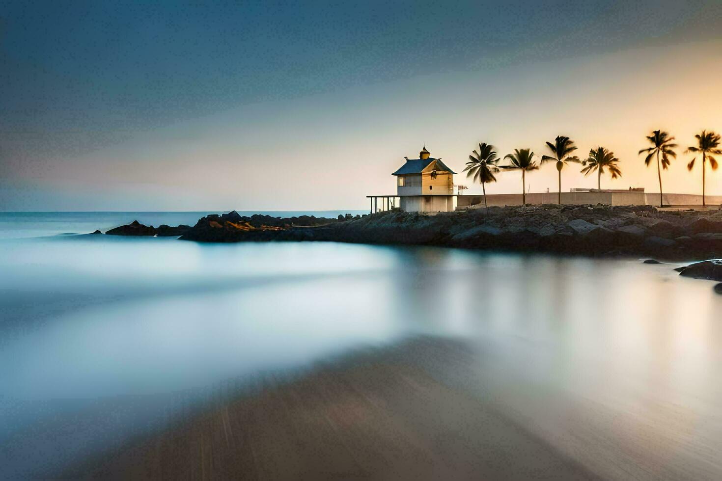 a lighthouse on the beach at sunset. AI-Generated photo