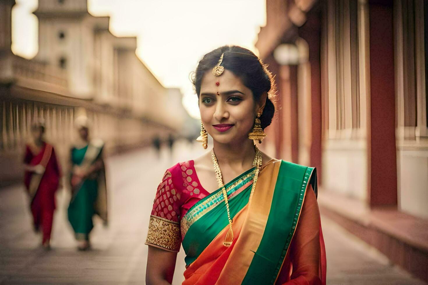 a beautiful indian woman in a colorful sari. AI-Generated photo