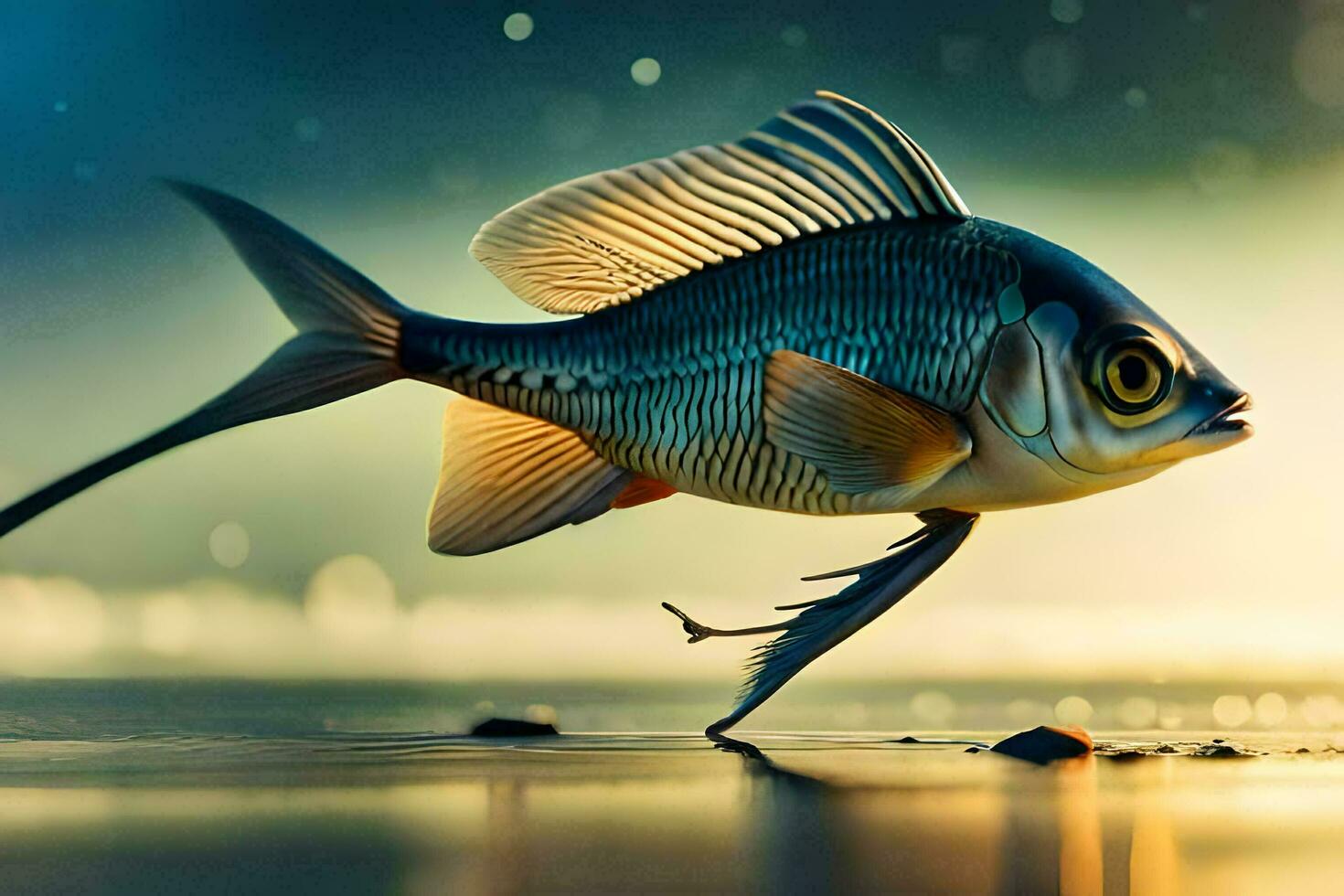 a fish is walking on the beach. AI-Generated photo