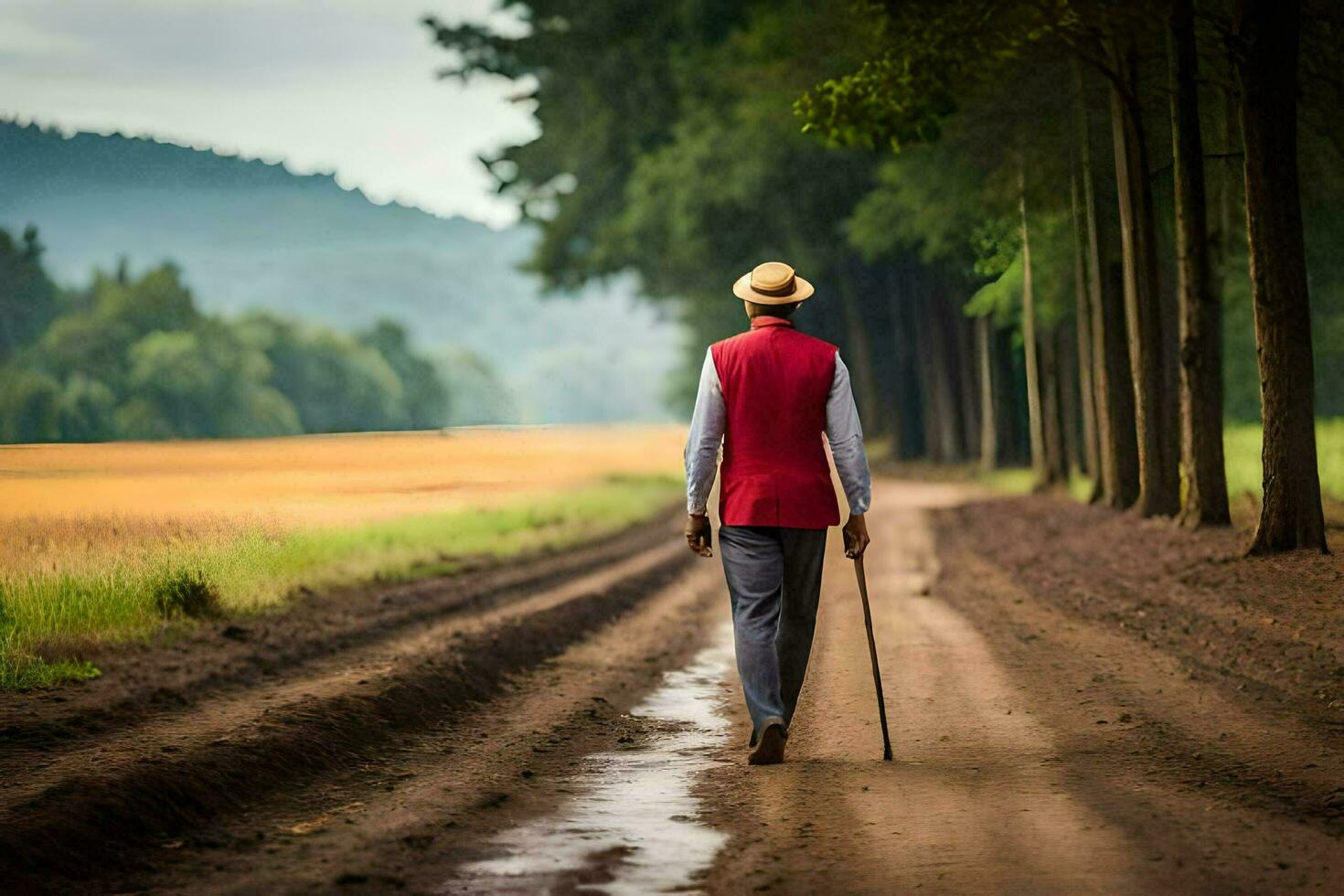 a man walking down a dirt road with a cane. AI-Generated photo