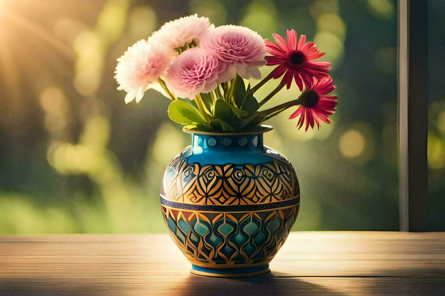 a vase with pink flowers on a table. AI-Generated photo