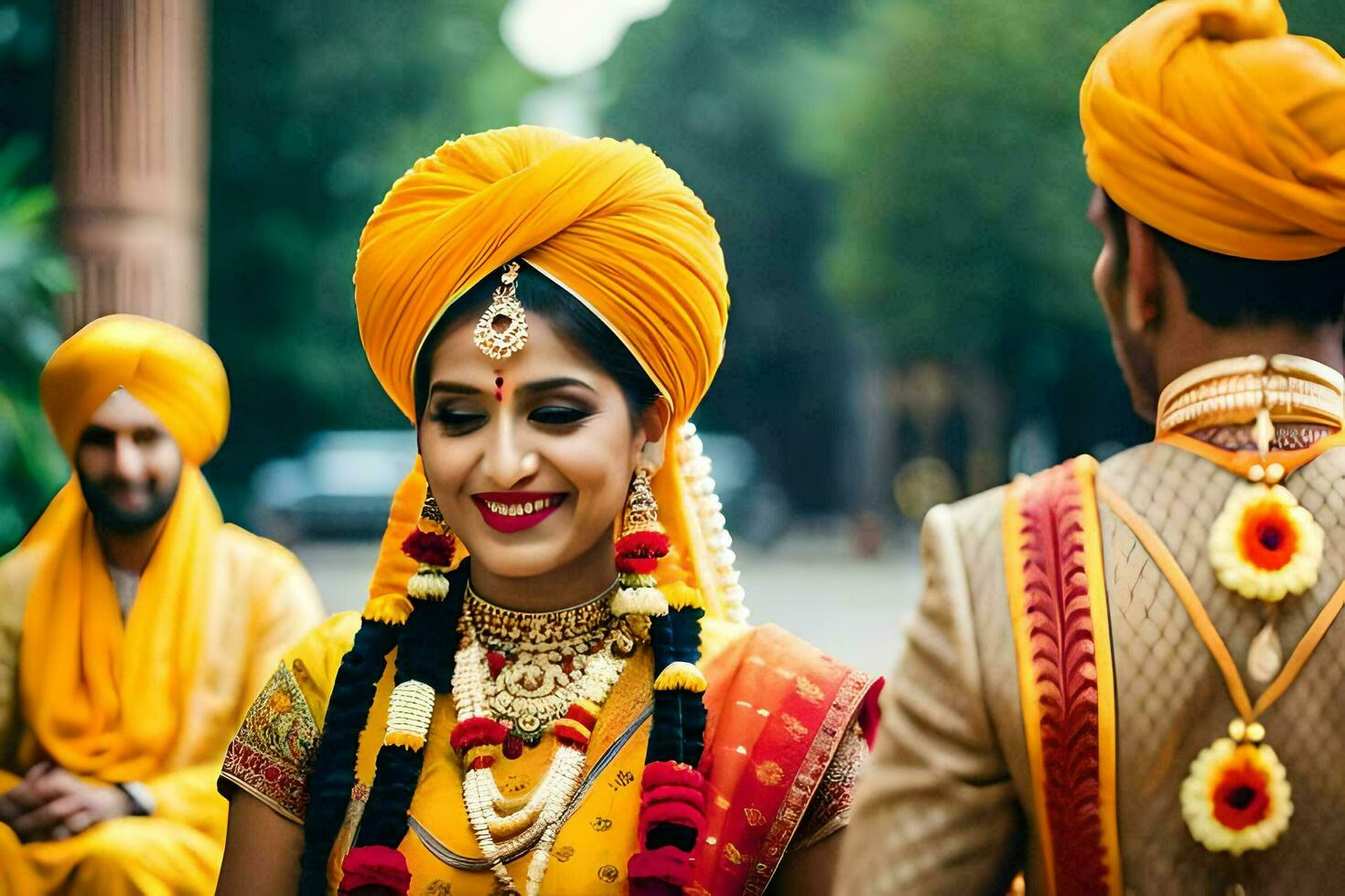 un novia y novio en tradicional indio atuendo. generado por ai foto