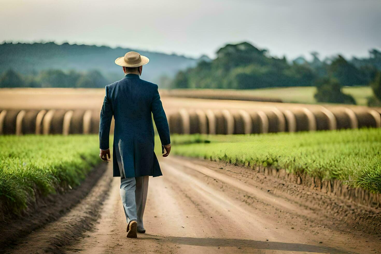 a man in a suit and hat walking down a dirt road. AI-Generated photo