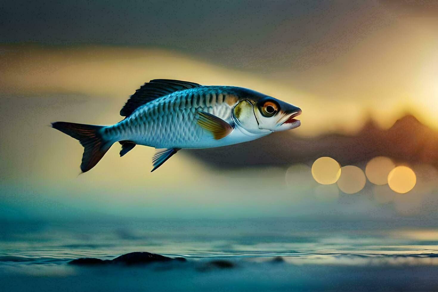 a fish is flying over the water at sunset. AI-Generated photo