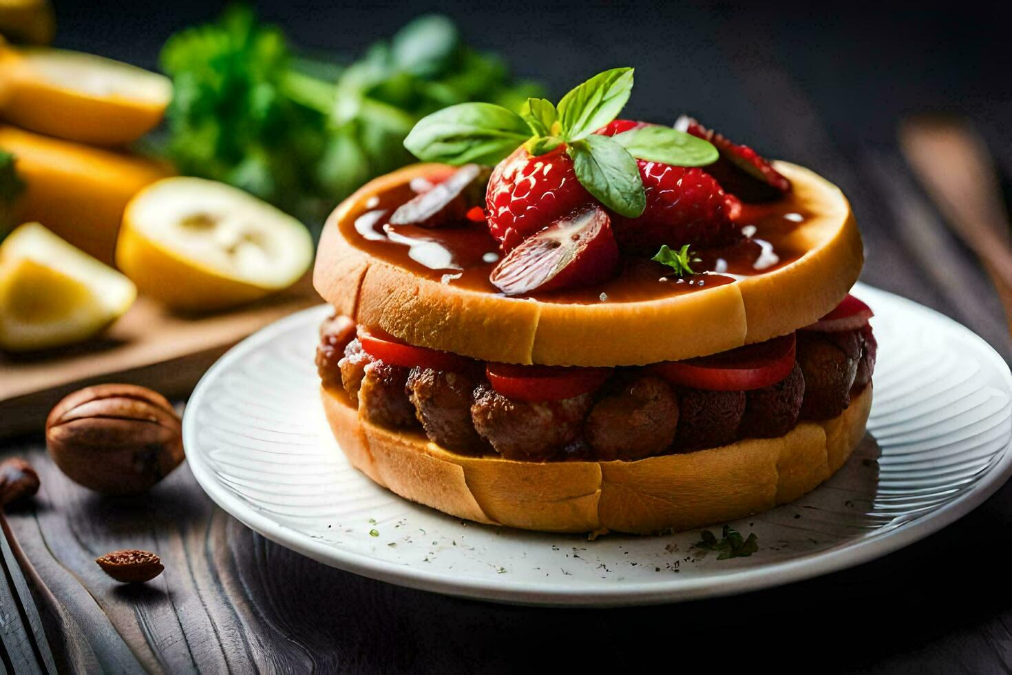 a hamburger with strawberries and cheese on a plate. AI-Generated photo