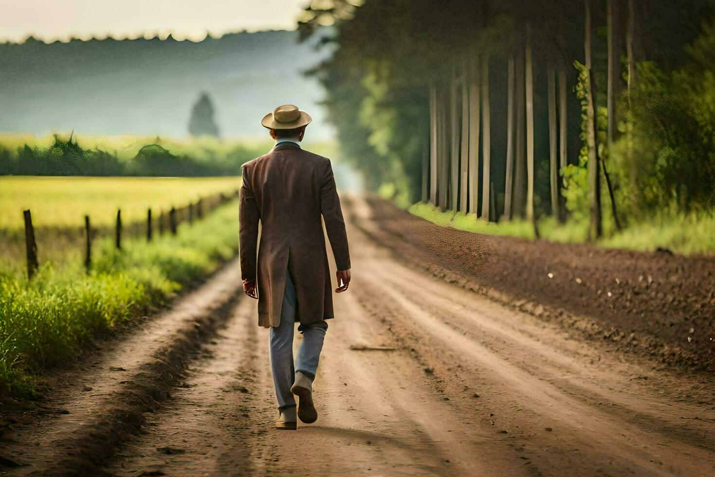 a man in a suit and hat walking down a dirt road. AI-Generated photo