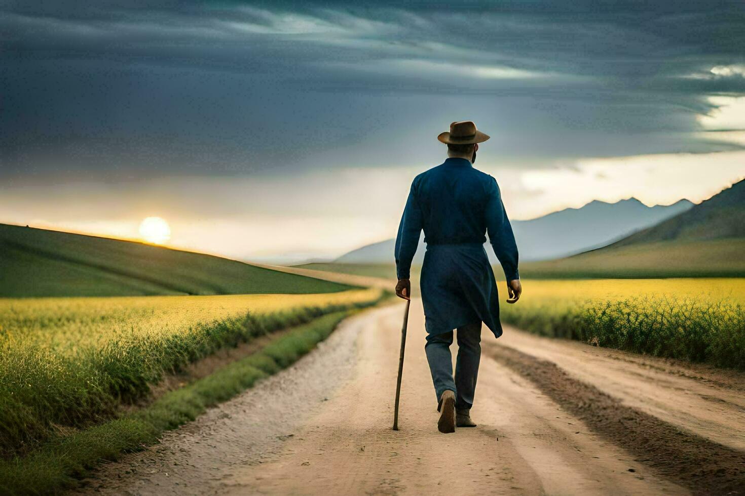 un hombre caminando abajo un suciedad la carretera con un caña. generado por ai foto