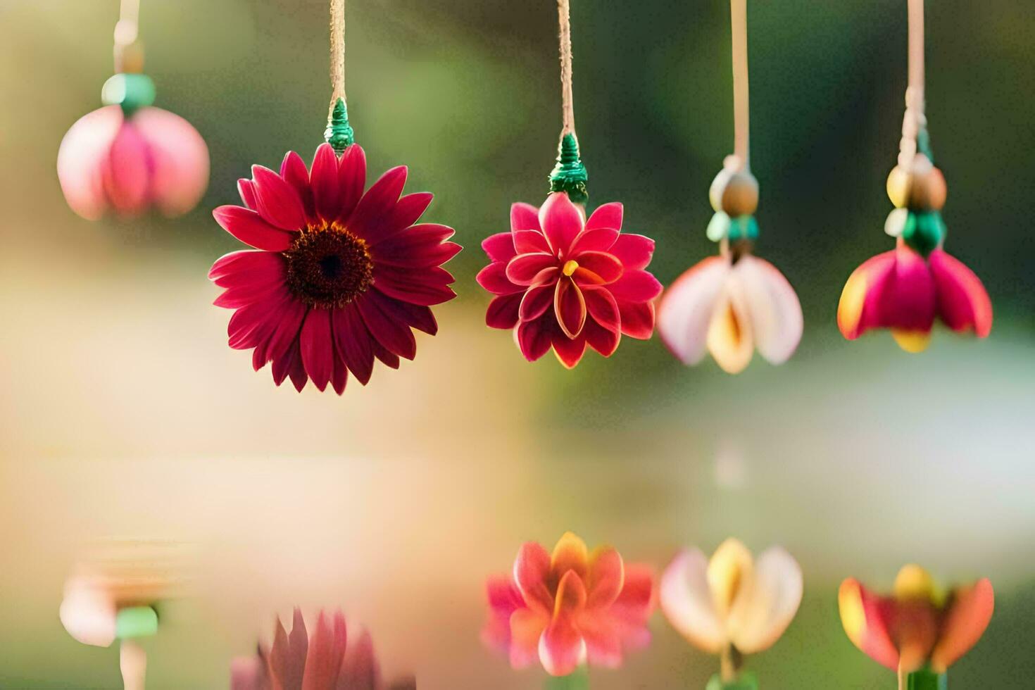 four colorful flowers hanging from strings. AI-Generated photo