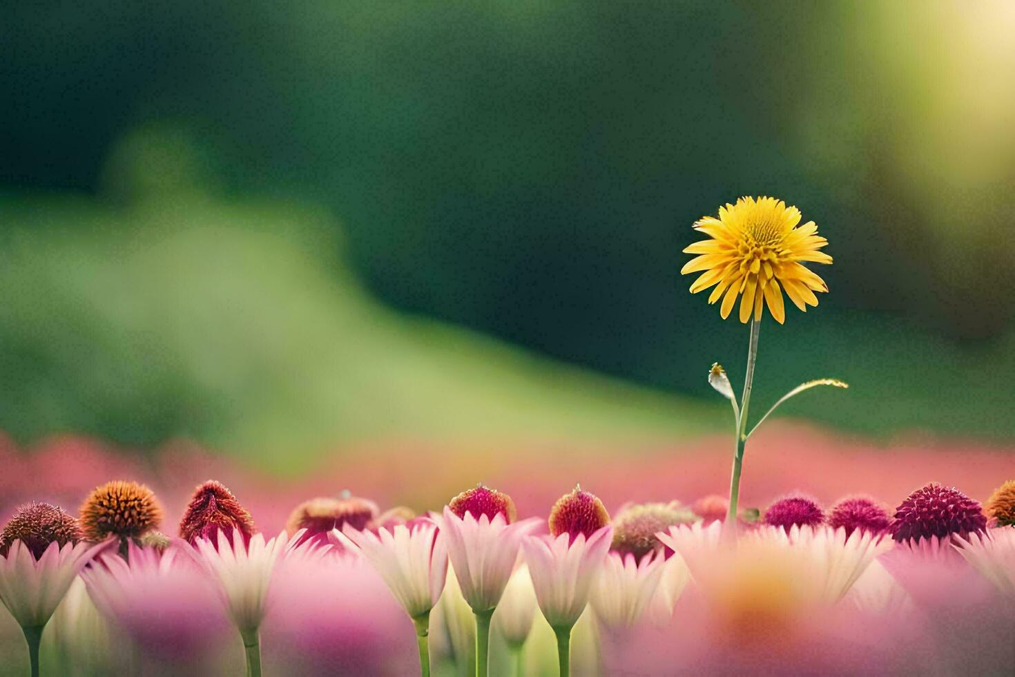a single yellow flower stands out in a field of pink and white flowers. AI-Generated photo