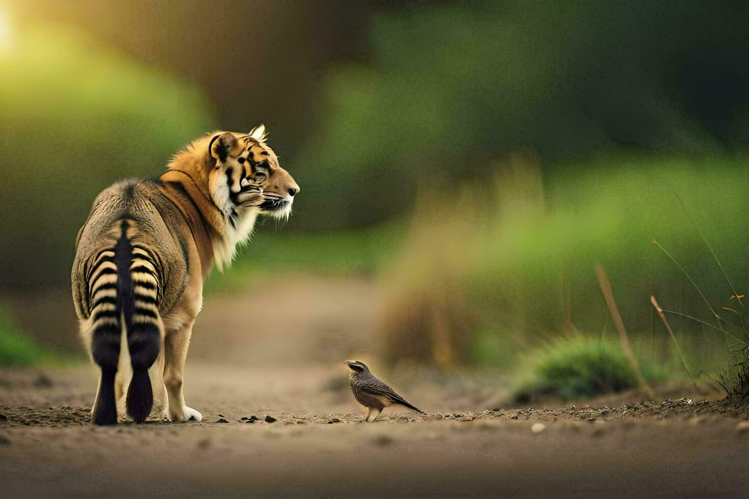 a tiger and a bird in the wild. AI-Generated photo