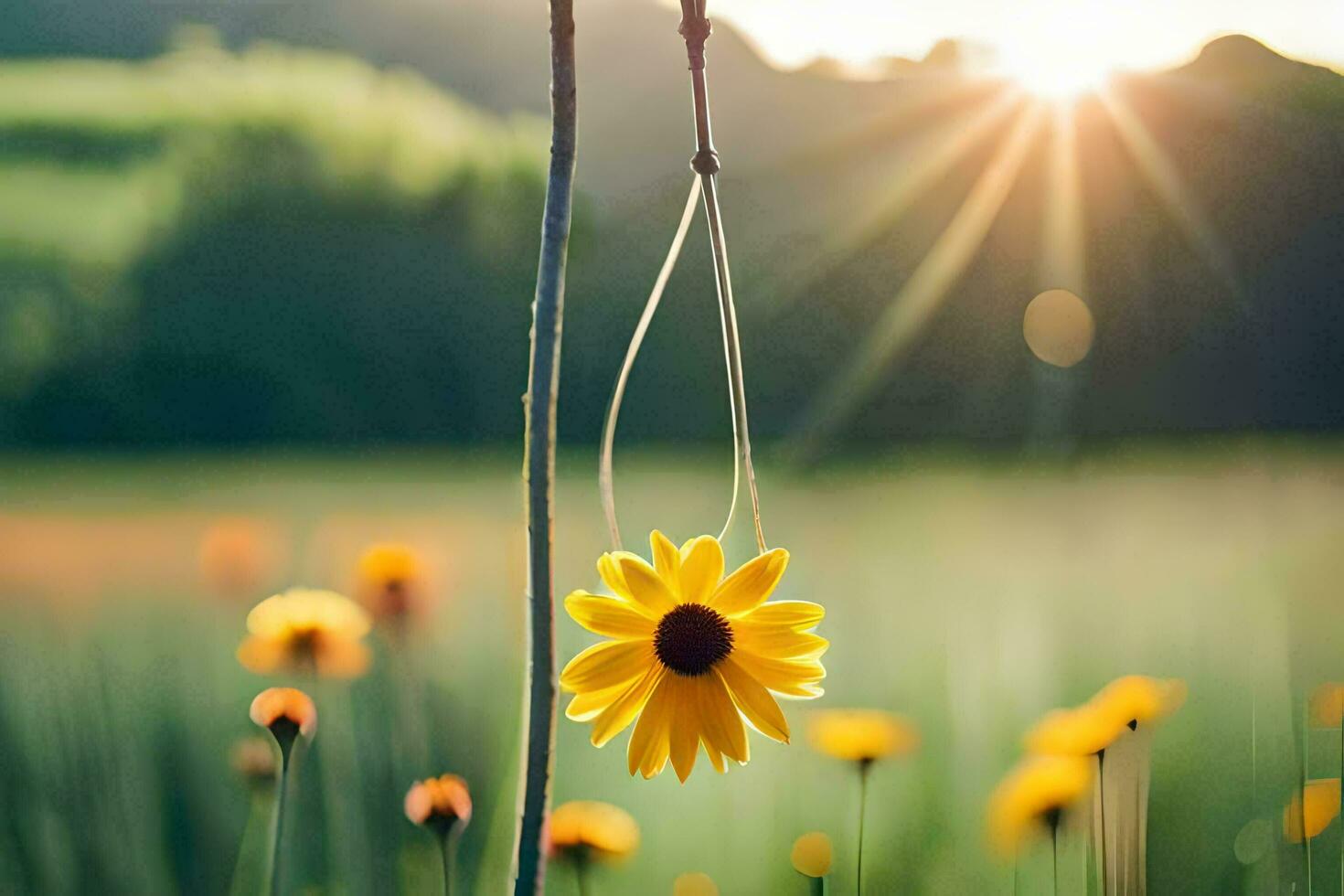 a yellow flower hanging from a tree in a field. AI-Generated photo