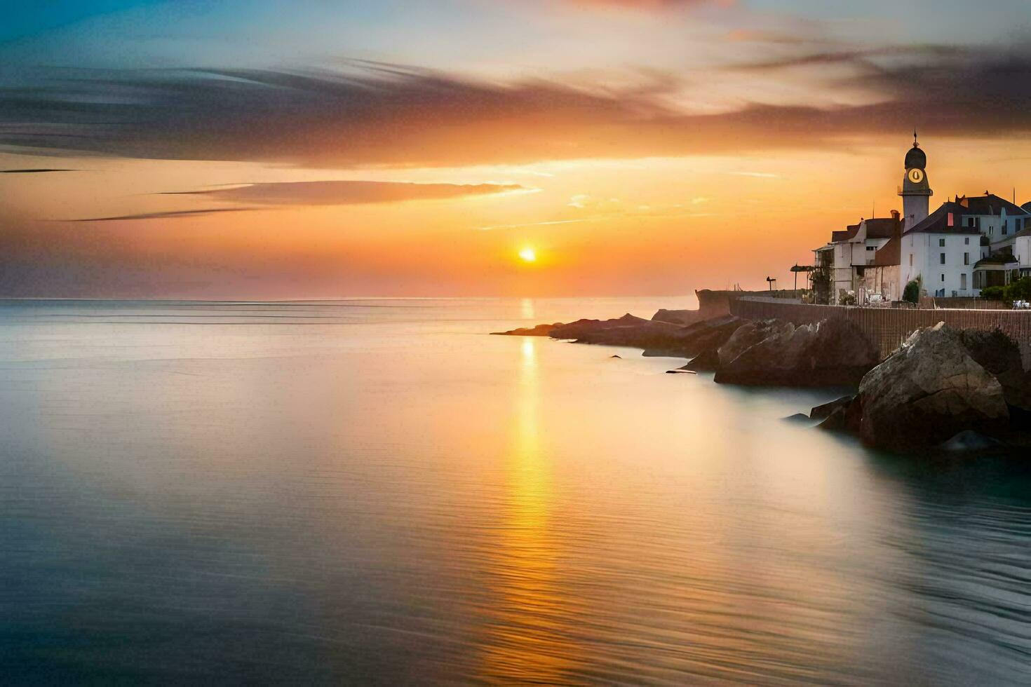 a beautiful sunset over a small town on the coast. AI-Generated photo
