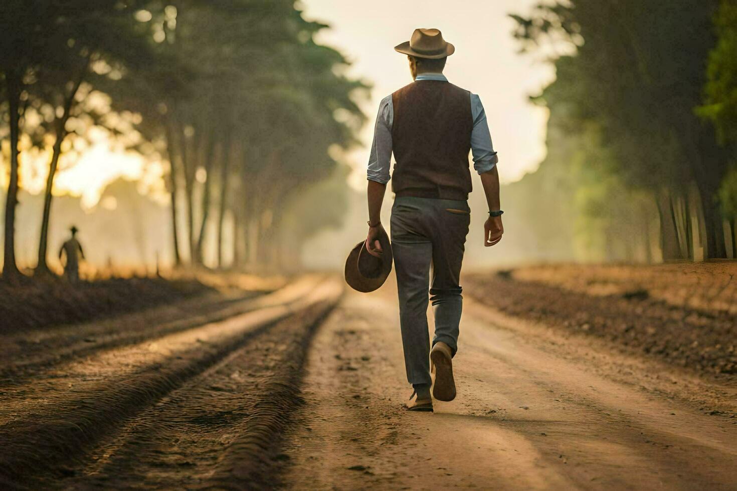 a man walking down a dirt road with a hat on. AI-Generated photo