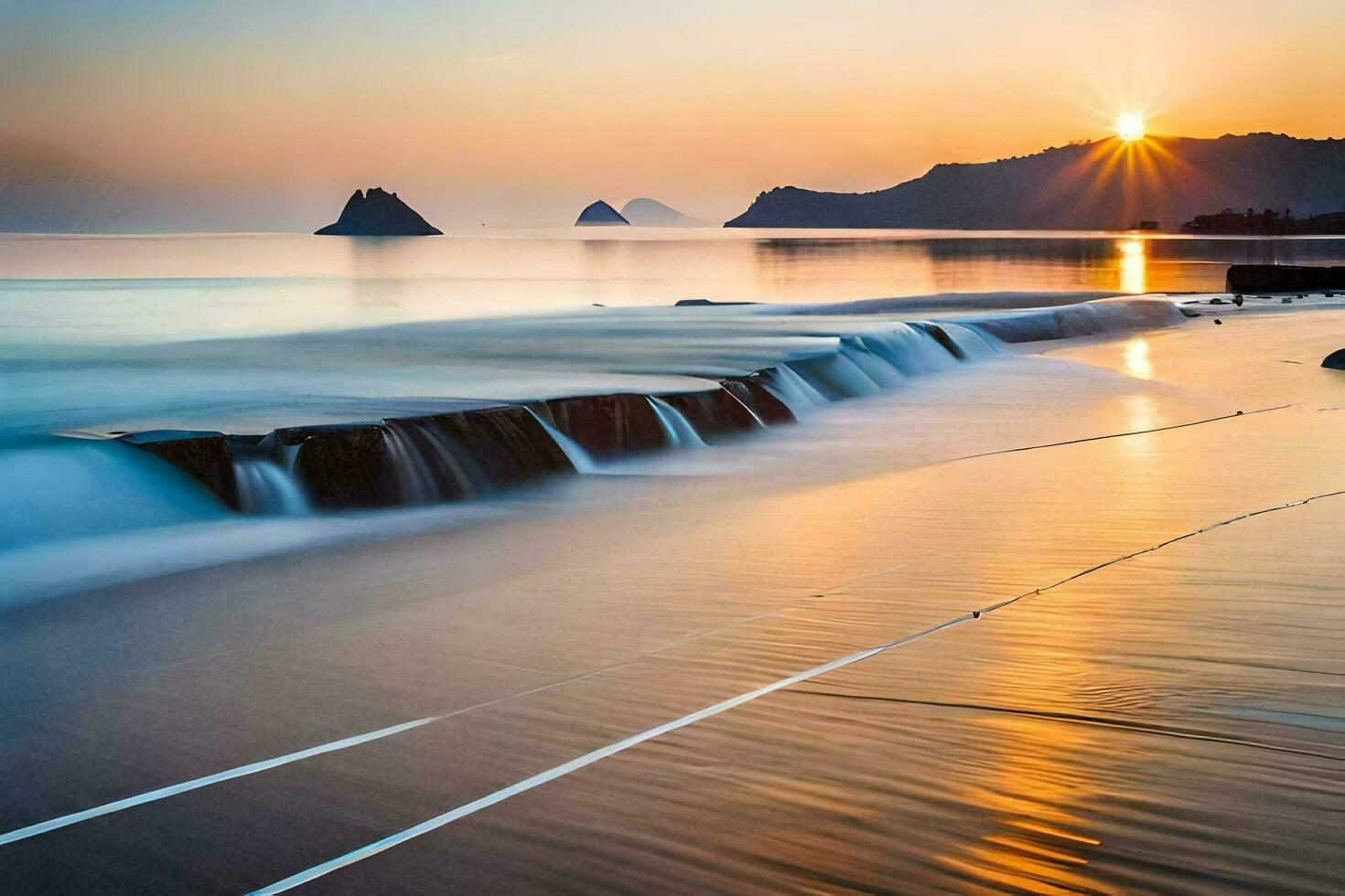 the sun sets over the ocean and waves. AI-Generated photo