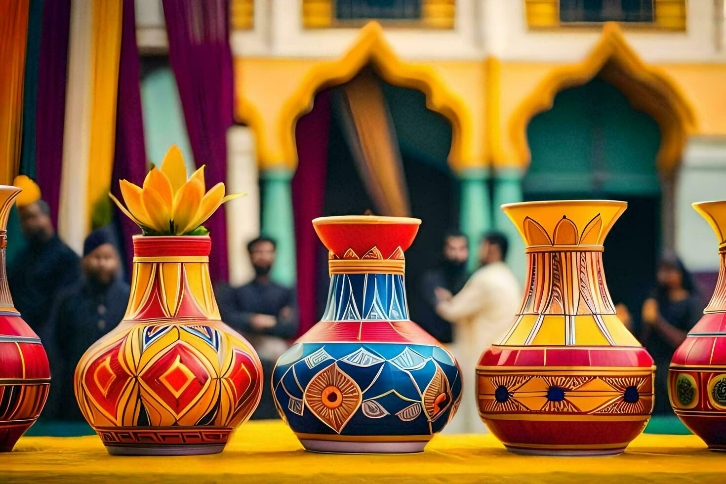 colorful vases on a table with colorful designs. AI-Generated photo