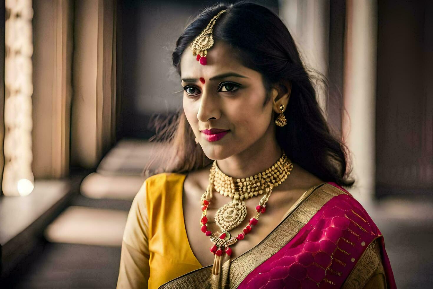 a woman in a yellow sari with gold jewelry. AI-Generated photo