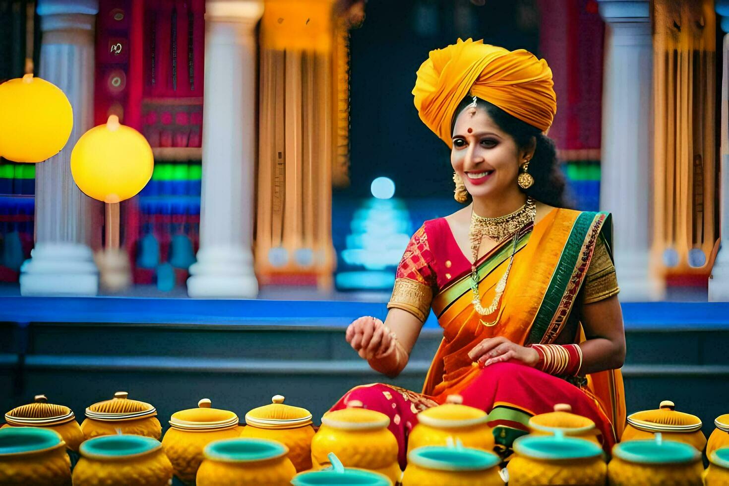 a woman in a traditional indian outfit sits on a chair with yellow pots. AI-Generated photo