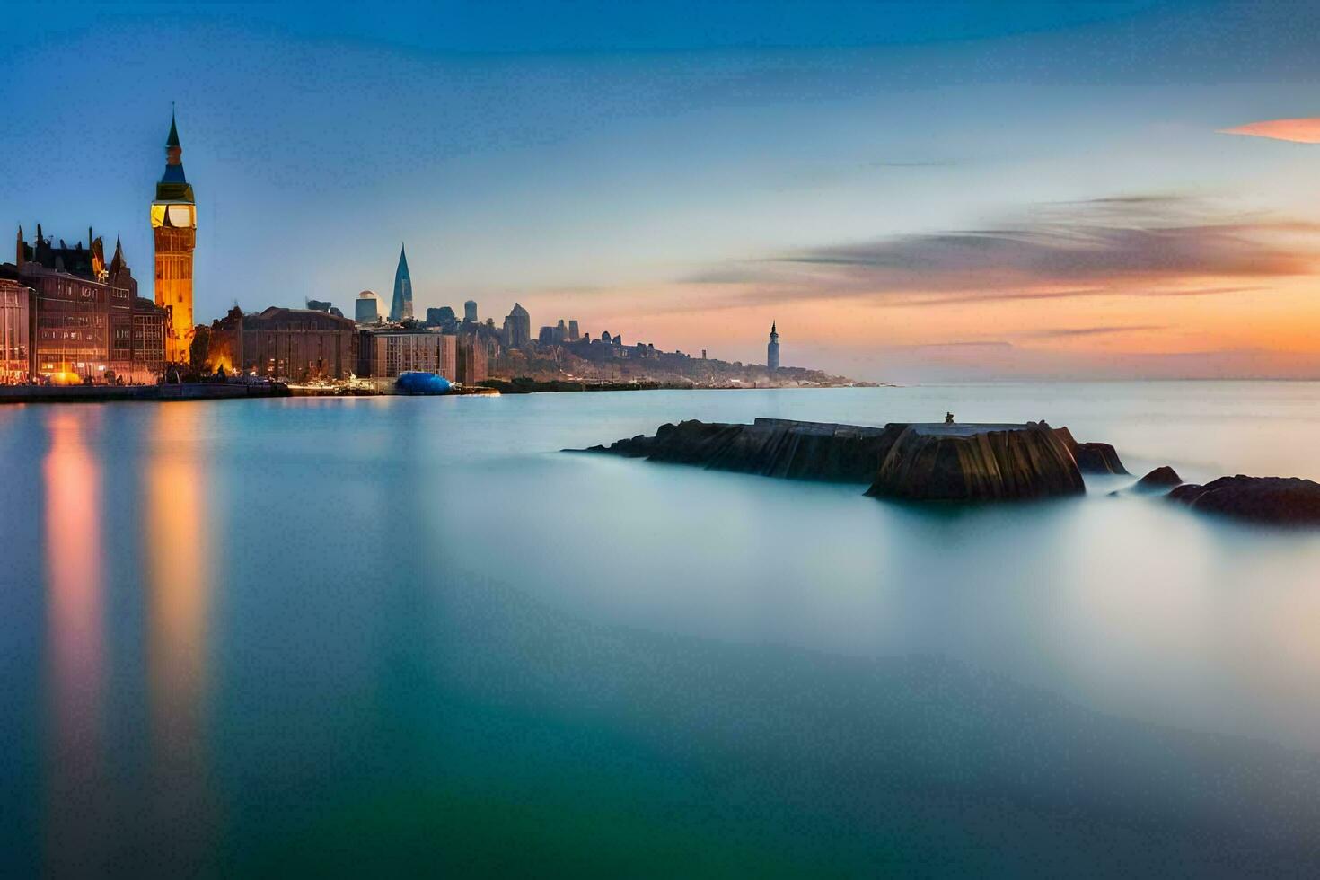 el ciudad horizonte a puesta de sol con el grande ben reloj torre en el antecedentes. generado por ai foto