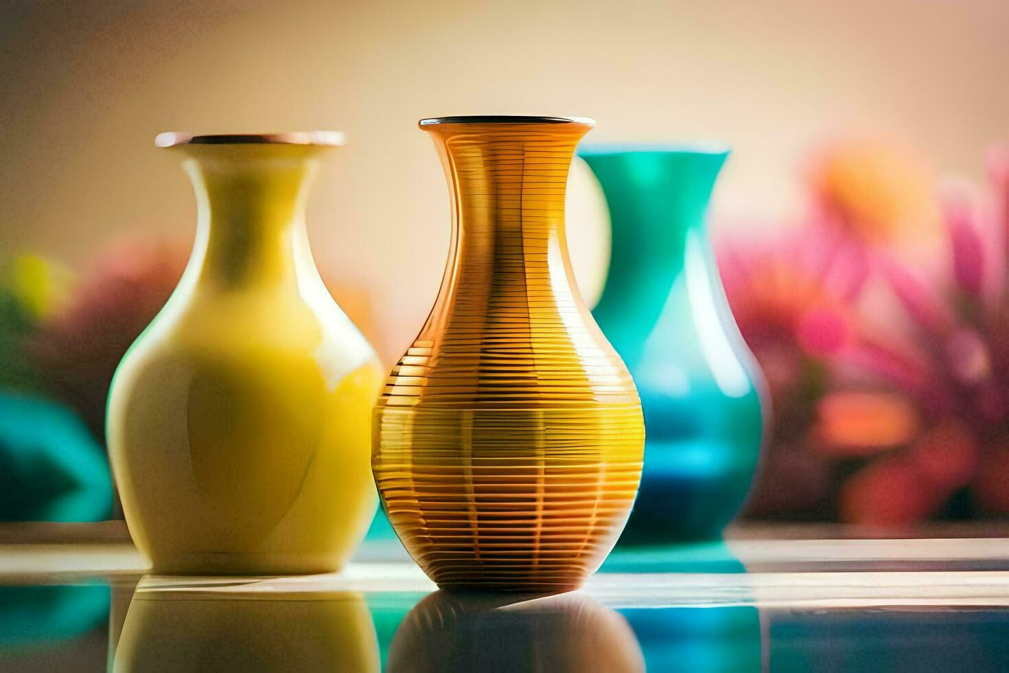 three vases are sitting on a table. AI-Generated photo