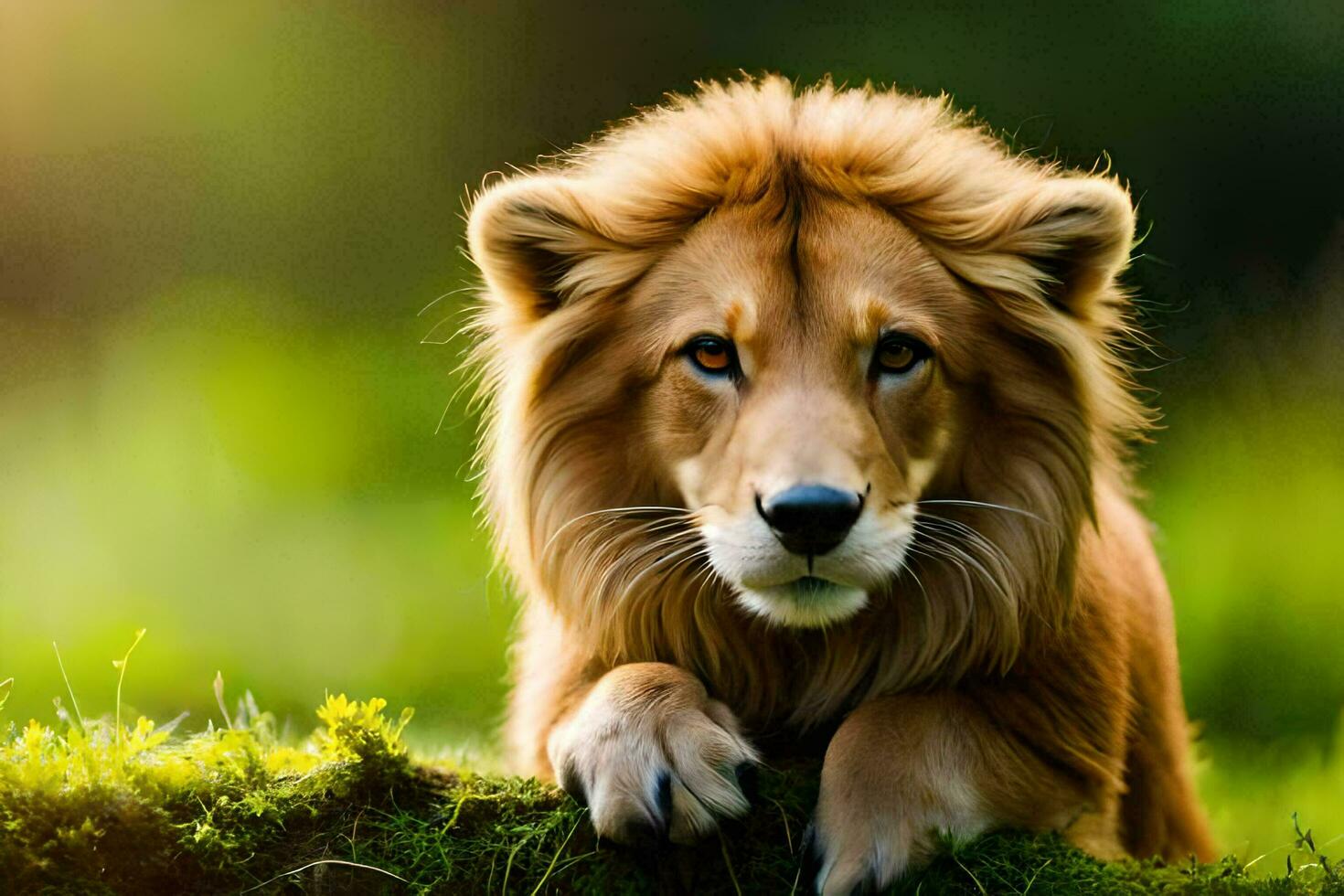 a lion is sitting on a moss covered rock. AI-Generated photo