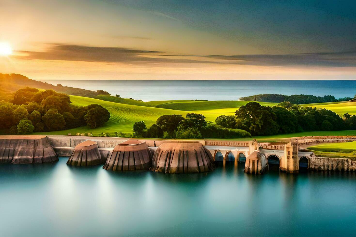 el Dom conjuntos terminado un lago y un puente. generado por ai foto