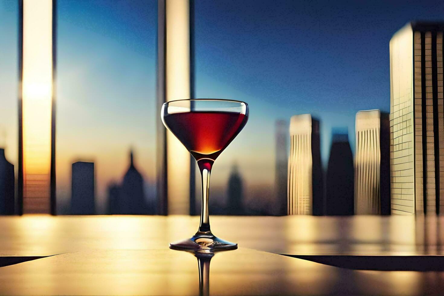 un vaso de vino en un mesa en frente de un ciudad horizonte. generado por ai foto