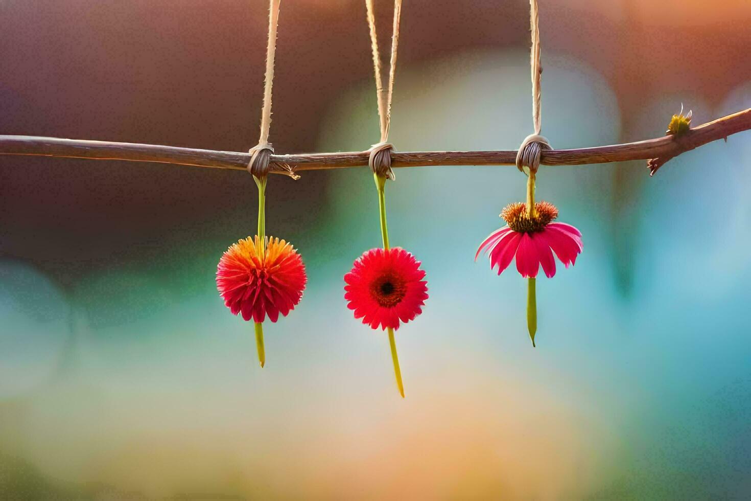 three flowers hanging from a branch. AI-Generated photo