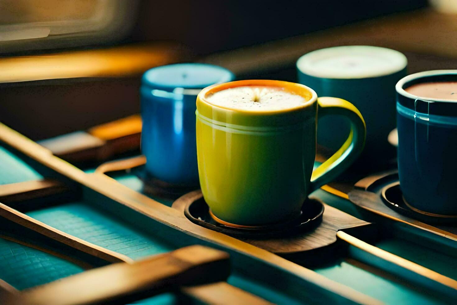 three colorful coffee cups sit on a tray. AI-Generated photo