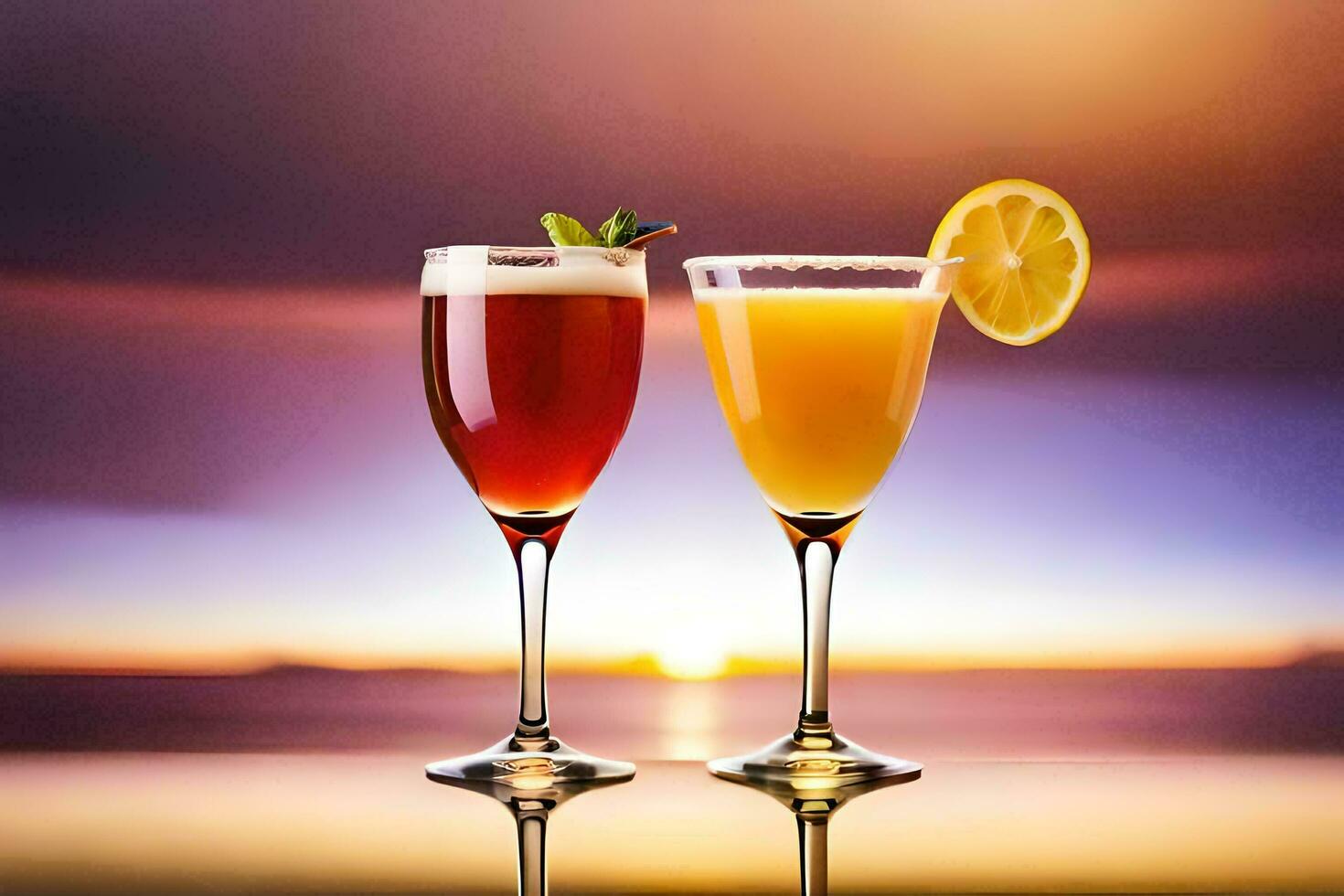 two glasses of cocktails with a sunset in the background. AI-Generated photo