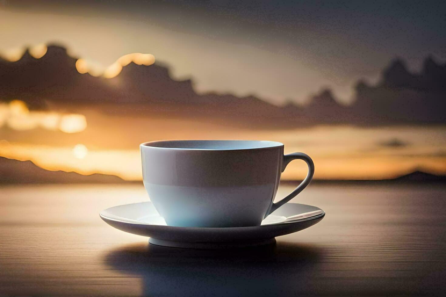 a cup of coffee on a table with a sunset in the background. AI-Generated photo