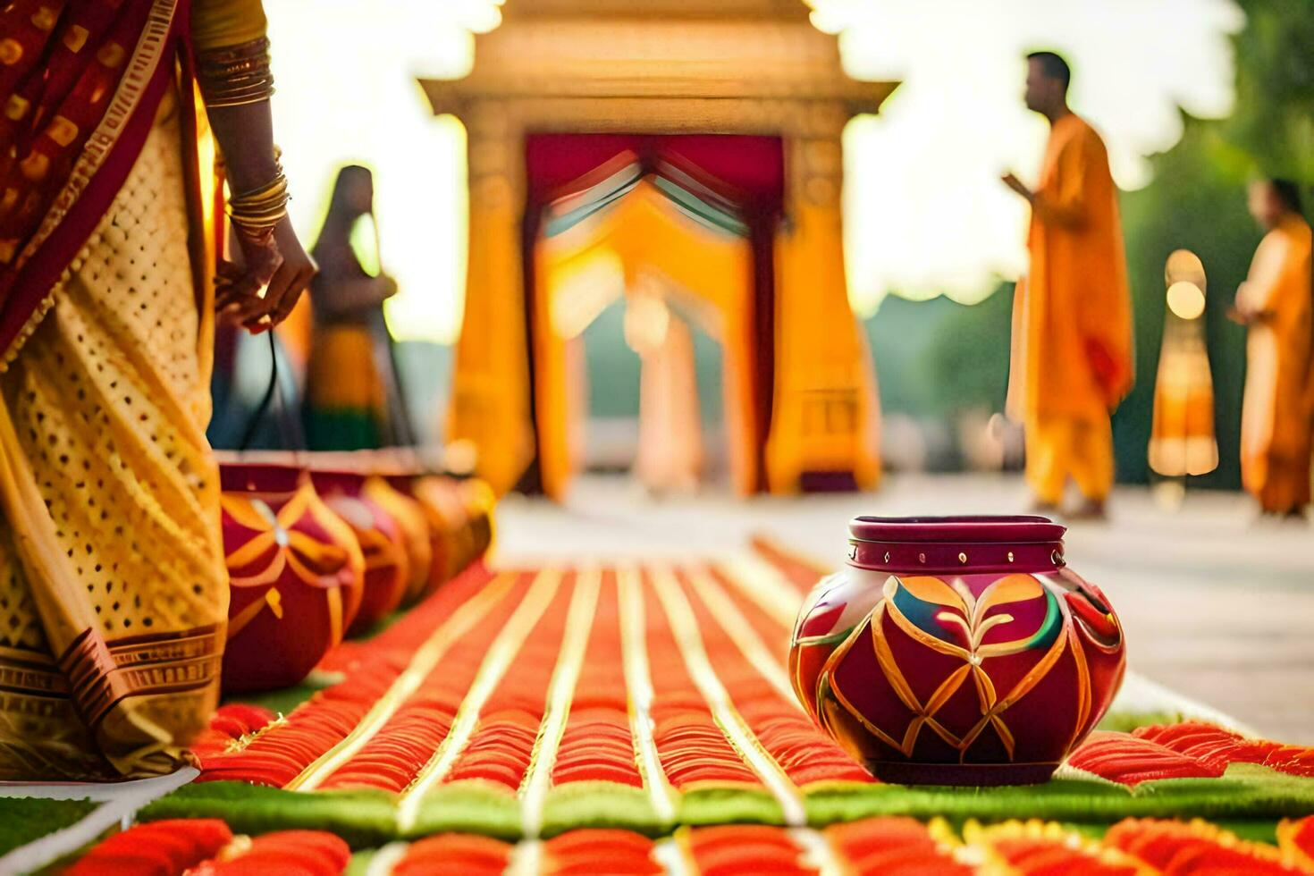 a woman in a sari is standing next to a colorful rug. AI-Generated photo
