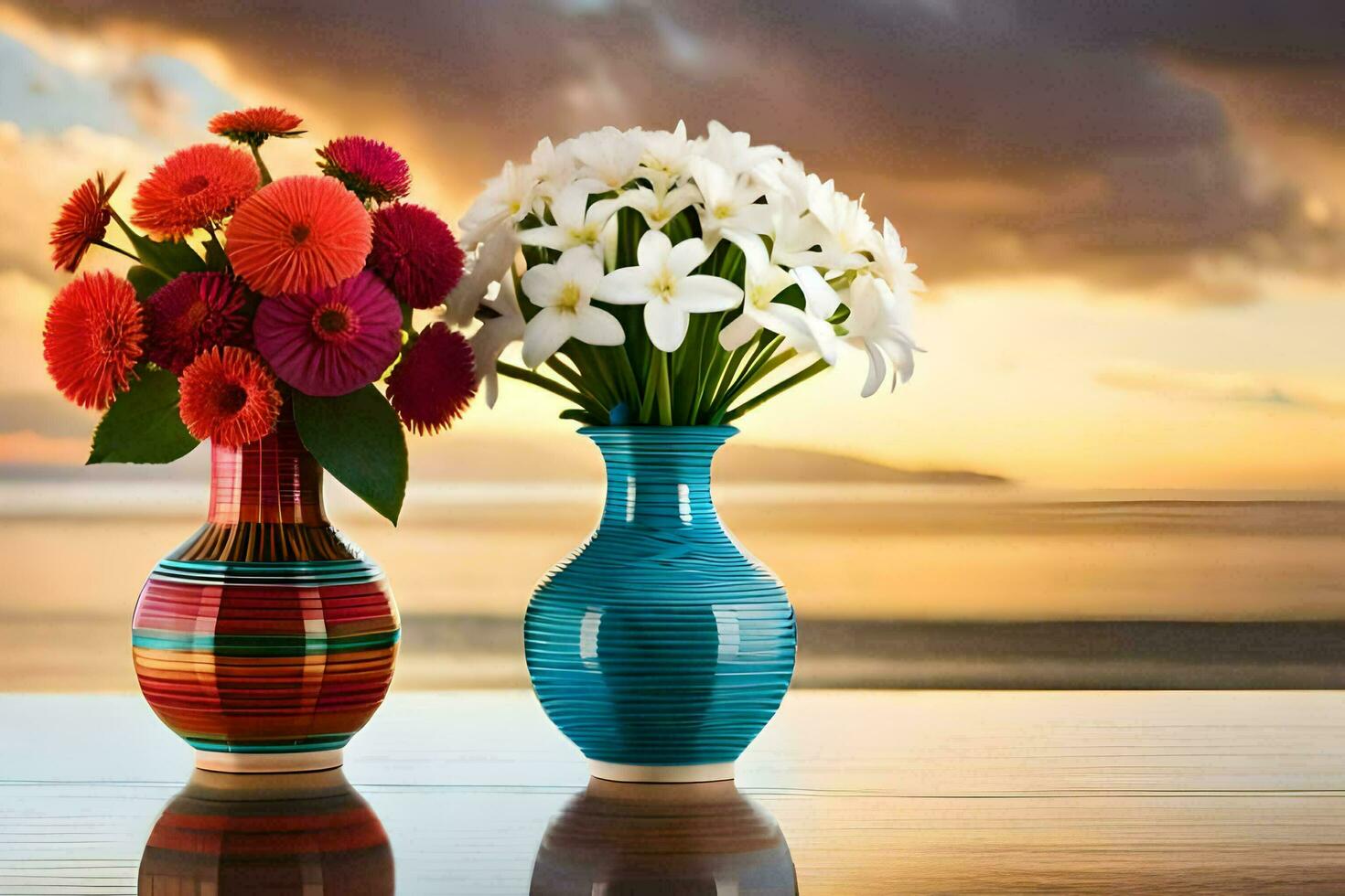 two colorful vases with flowers on a table. AI-Generated photo