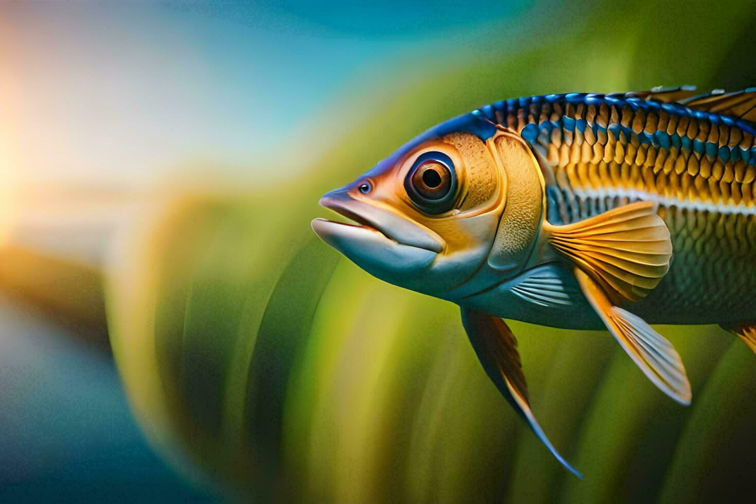 a fish is swimming in the water with the sun in the background. AI-Generated photo