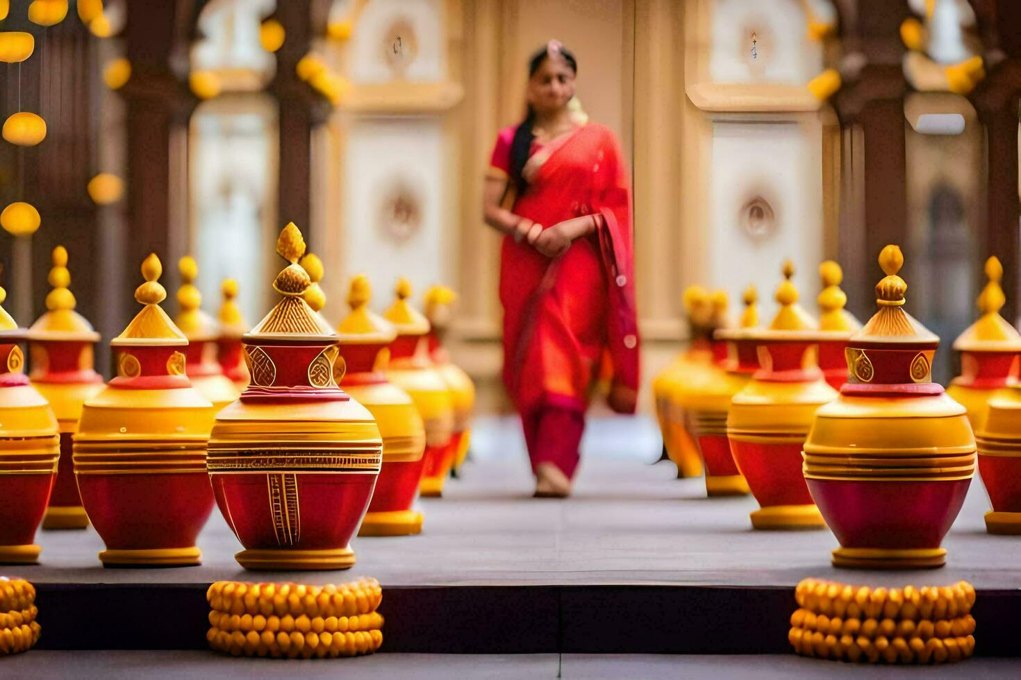 a woman in red sari walking through a room with many pots. AI-Generated photo