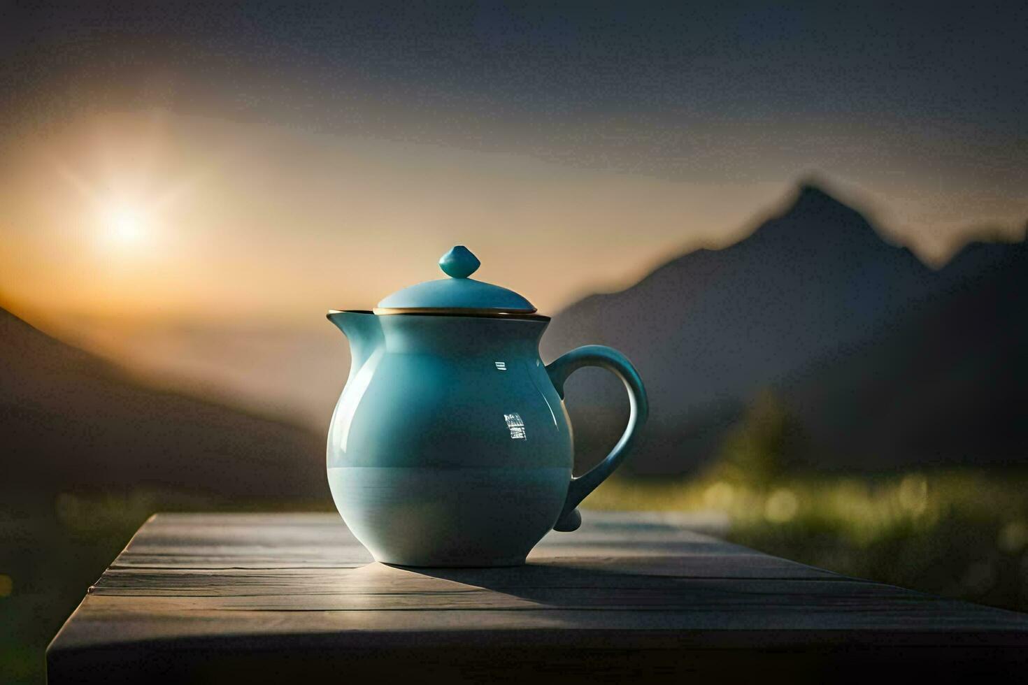 a teapot on a wooden table in front of a mountain. AI-Generated photo