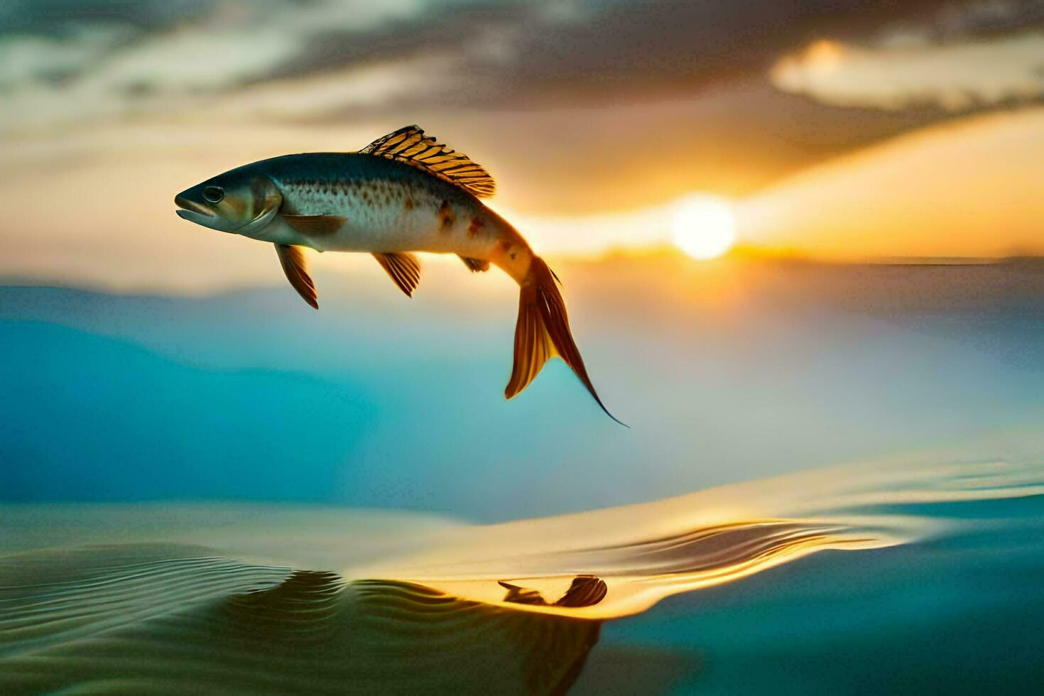 a fish jumping out of the water at sunset. AI-Generated photo