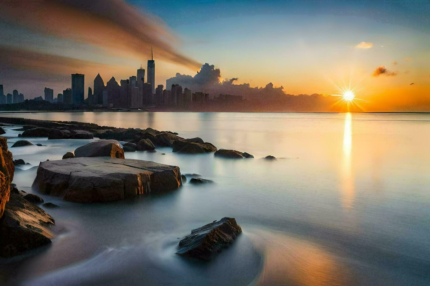 the sun rises over the city skyline in chicago. AI-Generated photo