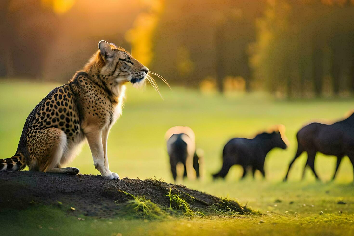 a cheetah is sitting on a hill in the middle of a field. AI-Generated photo