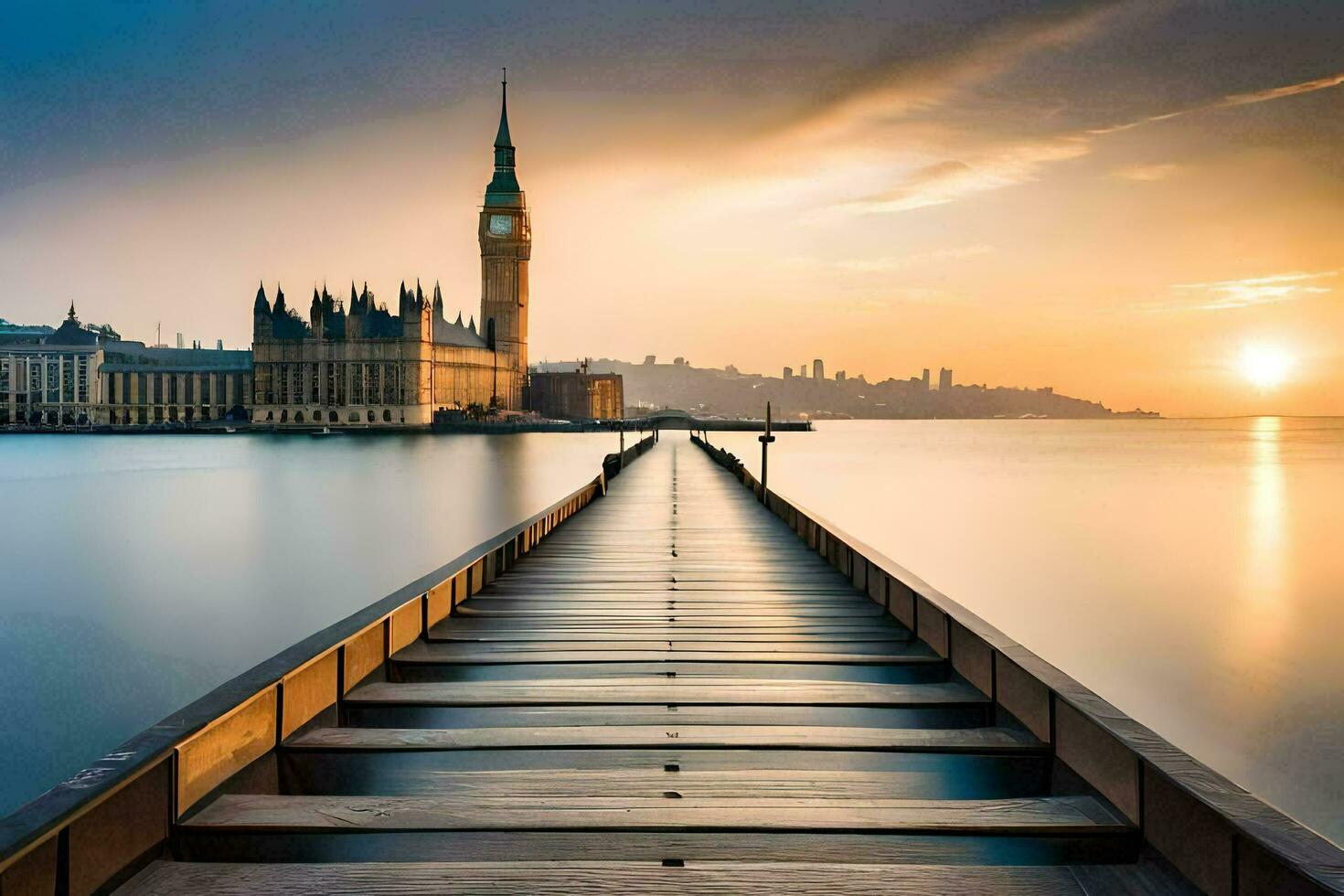a long wooden pier leads to the big ben clock tower. AI-Generated photo