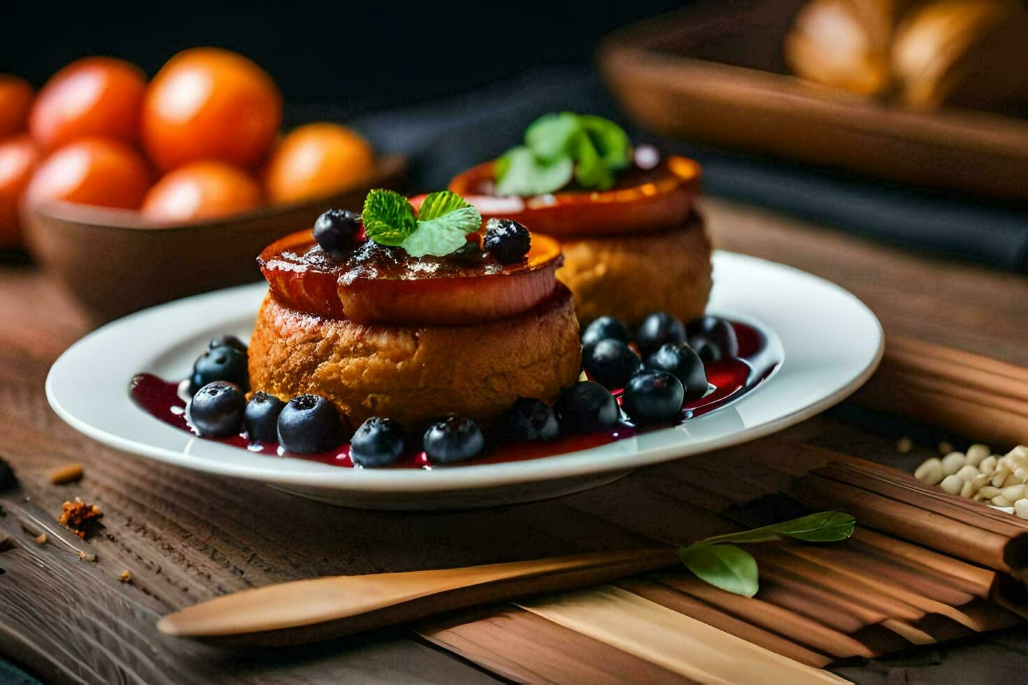 a plate with a dessert topped with blueberries and a spoon. AI-Generated photo