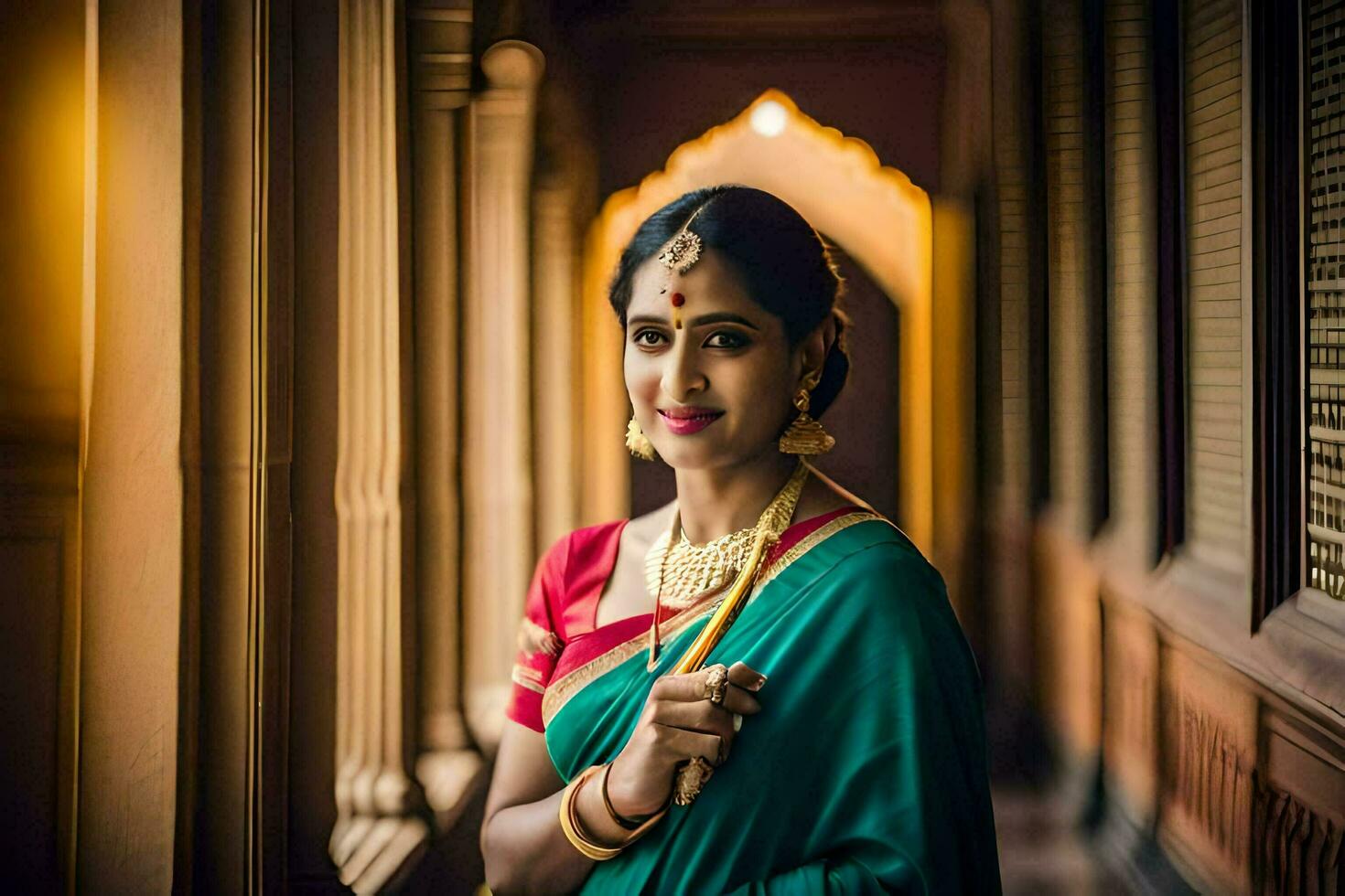 un hermosa indio mujer en un sari poses para el cámara. generado por ai foto