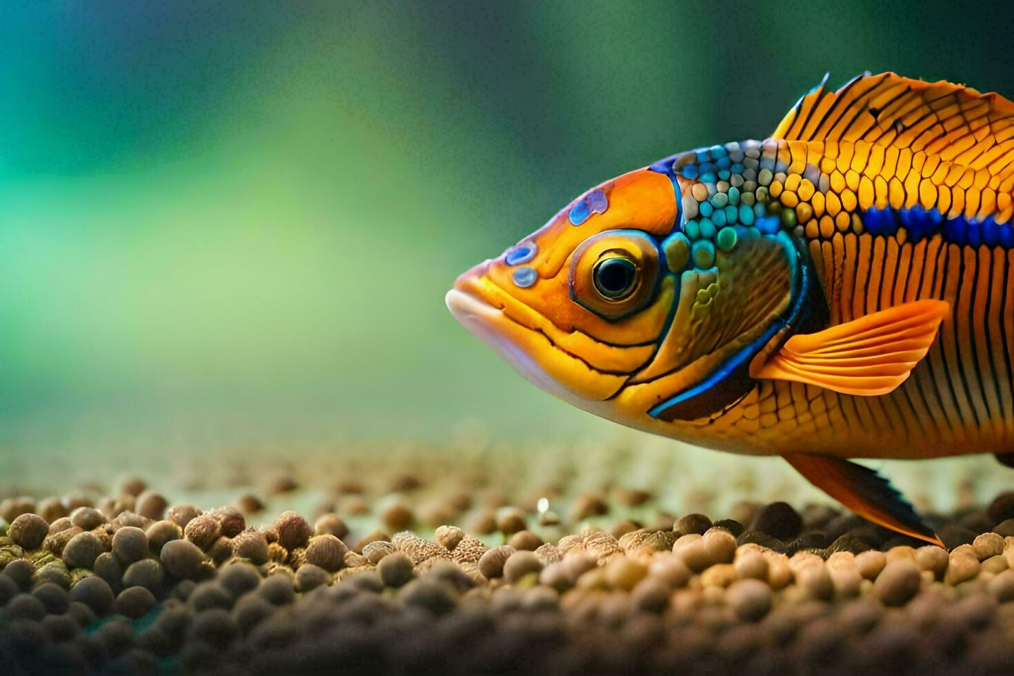 a colorful fish is standing on top of some food. AI-Generated photo