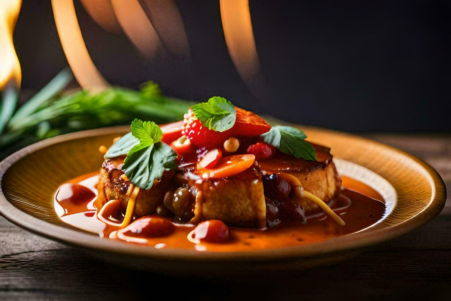 the food is served on a wooden table with a fire in the background. AI-Generated photo