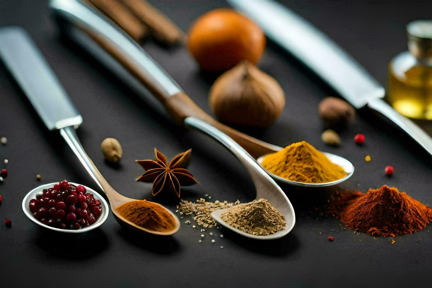 spoons with spices and herbs on a black background. AI-Generated photo