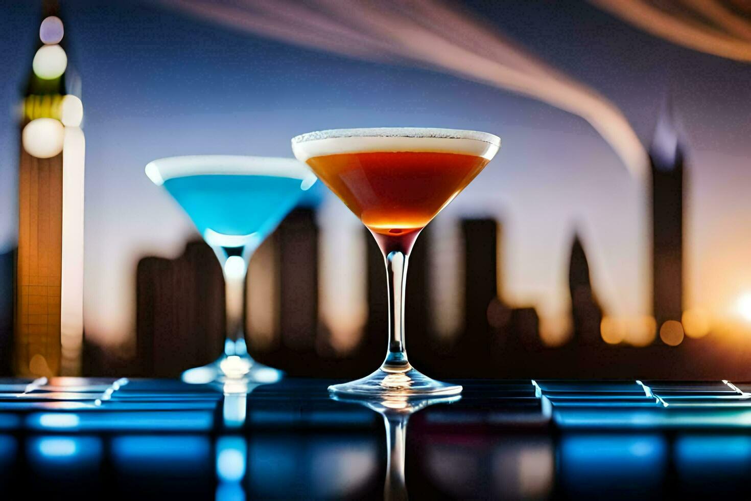two cocktails sit on a table in front of a city skyline. AI-Generated photo