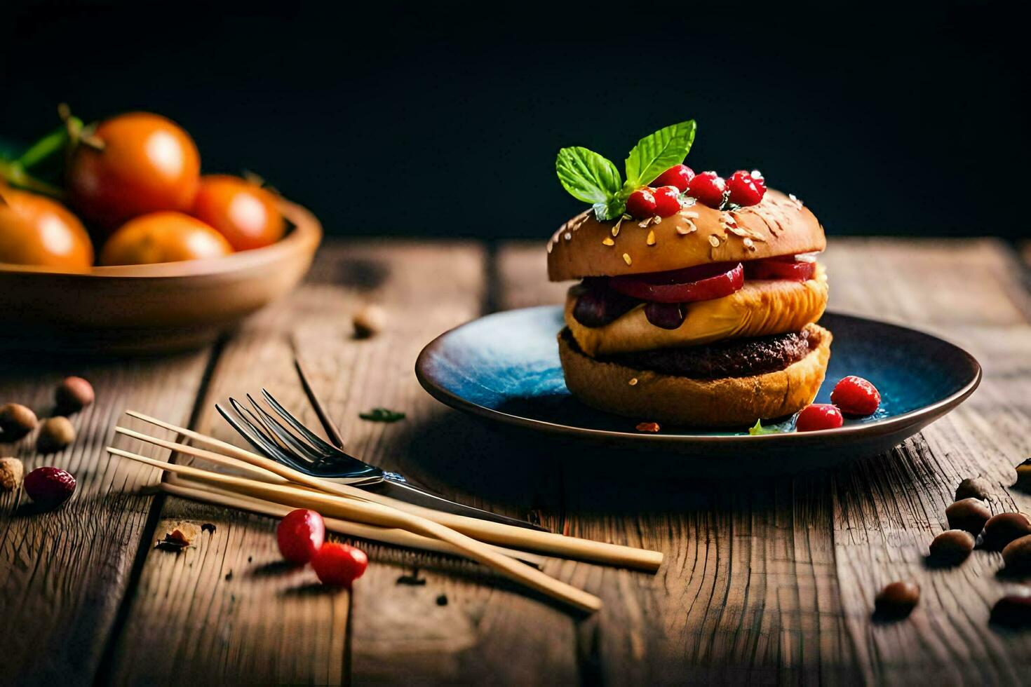a hamburger with berries and mint on a plate. AI-Generated photo