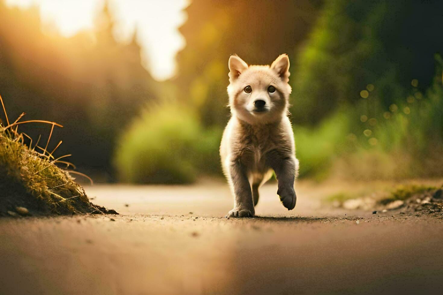 a puppy running on a road in the sun. AI-Generated photo