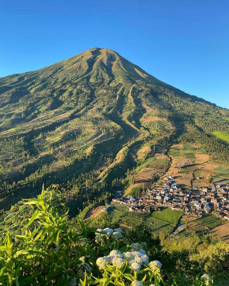 montaña asombroso naturaleza azul cielo, montañas, tranquilo escenario, lozano plantas, volcán. foto