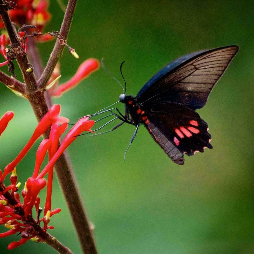 Colorful Butterfly Fluttering Amongst Blooming Flowers Butterfly rests on vibrant flower, showcasing beauty in nature. photo